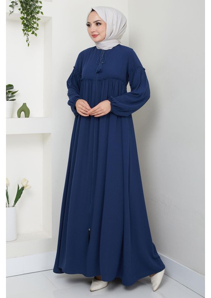 Yaka Bağcıklı Büzgülü Ferace Petrol HM2468 modelleri