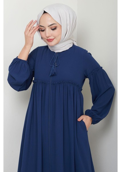 Yaka Bağcıklı Büzgülü Ferace Petrol HM2468 fırsatları