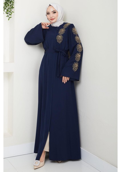 Çiçek Taşlı Kuşaklı Ferace Lacivert HM2713