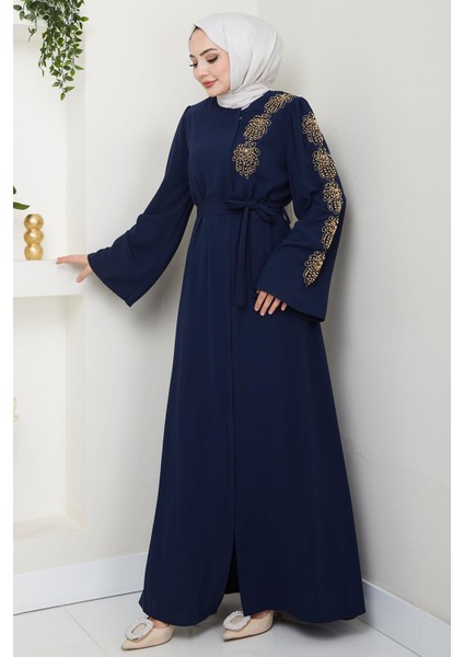 Çiçek Taşlı Kuşaklı Ferace Lacivert HM2713 fiyatları