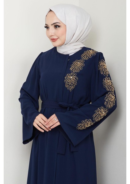 Çiçek Taşlı Kuşaklı Ferace Lacivert HM2713 modelleri