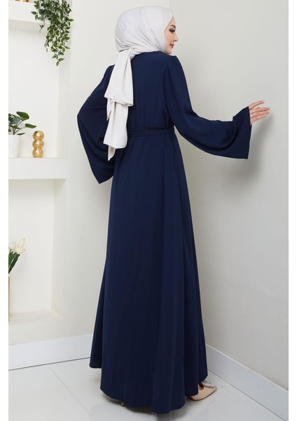 Çiçek Taşlı Kuşaklı Ferace Lacivert HM2713 fırsatları