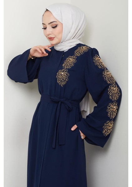 Çiçek Taşlı Kuşaklı Ferace Lacivert HM2713 indirimleri