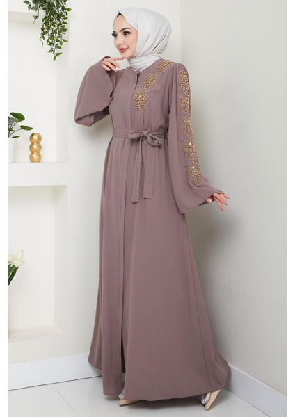 Çiçek Taşlı Kuşaklı Ferace Vizon HM2713 indirimleri