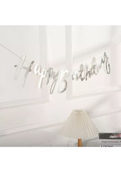 Gümüş Happy Birthday El Yazısı Kaligrafi Banner Doğum Günü Duvar Süsü