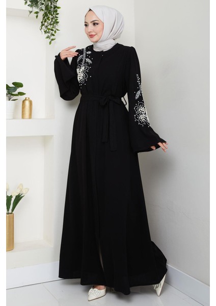 Incili Çiçek Motifli Kuşaklı Ferace Siyah HM2720
