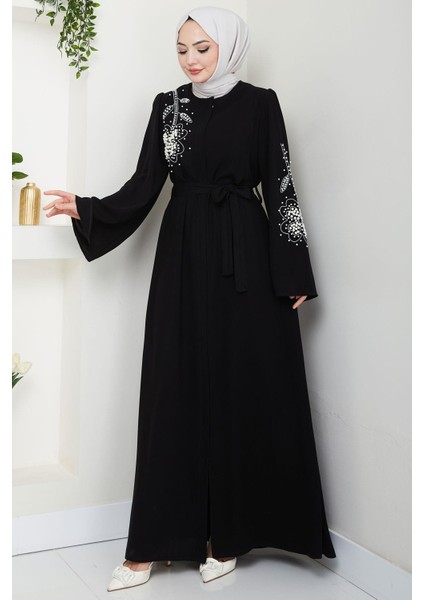 Incili Çiçek Motifli Kuşaklı Ferace Siyah HM2720 fiyatları