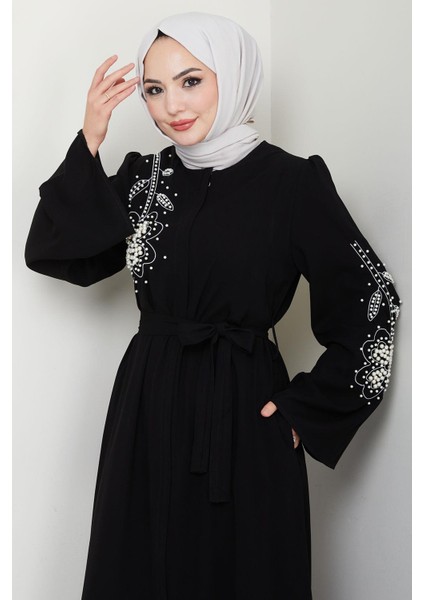Incili Çiçek Motifli Kuşaklı Ferace Siyah HM2720 modelleri