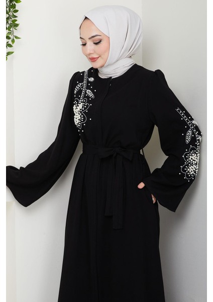 Incili Çiçek Motifli Kuşaklı Ferace Siyah HM2720 fırsatları