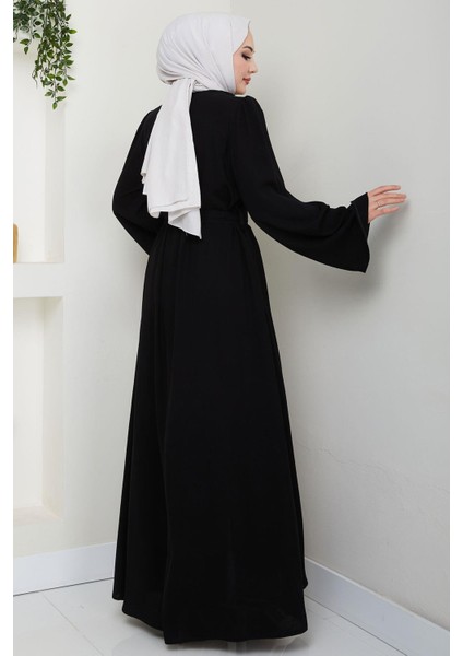 Incili Çiçek Motifli Kuşaklı Ferace Siyah HM2720 indirimleri