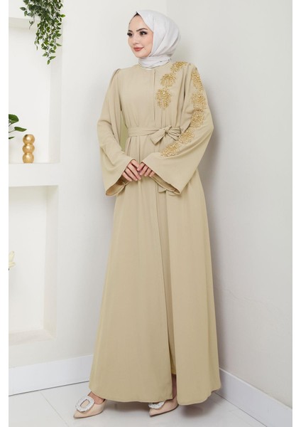 Çiçek Taşlı Kuşaklı Ferace Bej HM2713 fiyatları