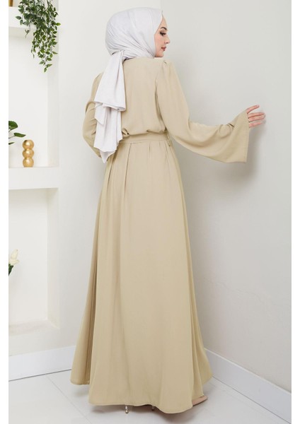 Çiçek Taşlı Kuşaklı Ferace Bej HM2713 indirimleri