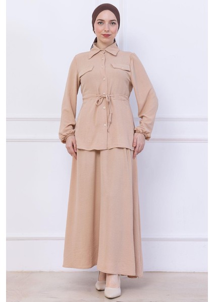 Beli Bağlamalı Etekli Ayrobin Takım Bej HM2734