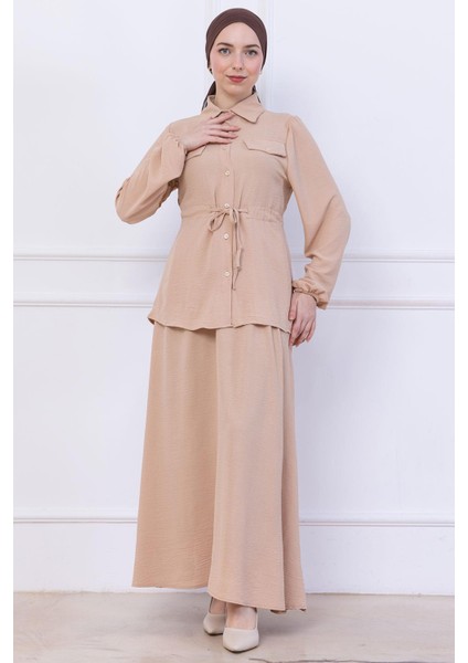 Beli Bağlamalı Etekli Ayrobin Takım Bej HM2734 modelleri