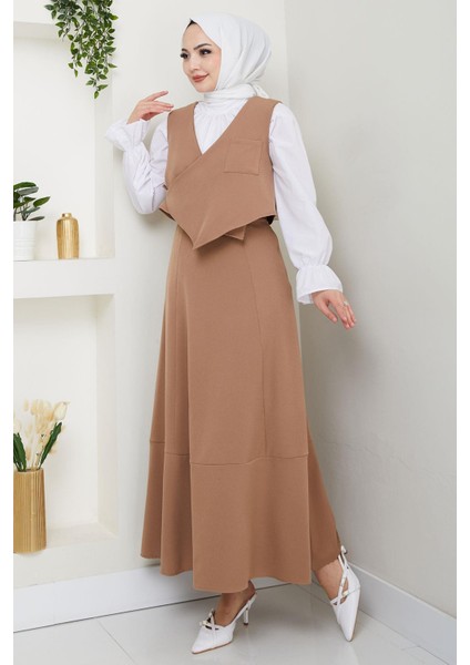 Yandan Bağlamalı Yelekli Takım Vizon HM2723 modelleri