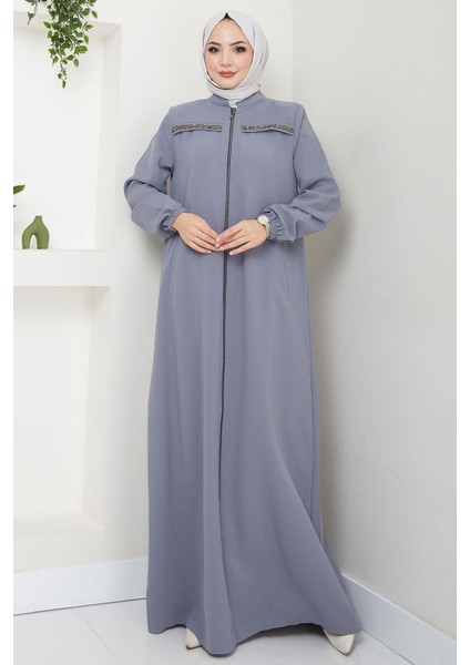 Gala Taş Detaylı Ferace Gri HM2313