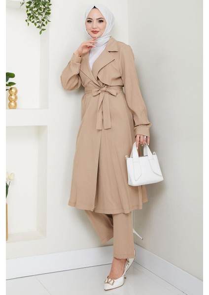 Yazlık Kruvaze Yaka Trençkot Ikili Takım Vizon HM2703