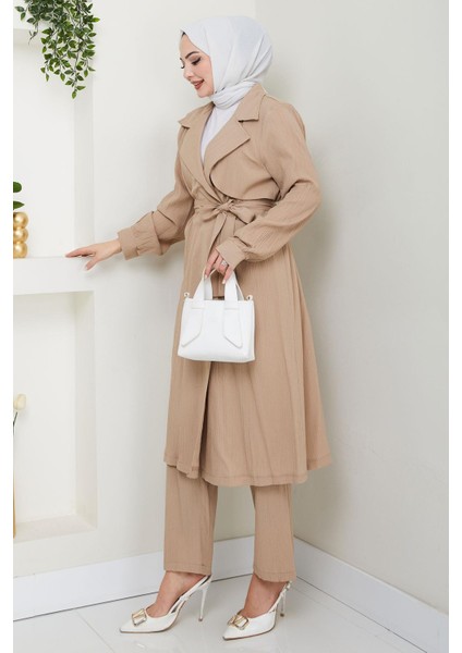 Yazlık Kruvaze Yaka Trençkot Ikili Takım Vizon HM2703 modelleri