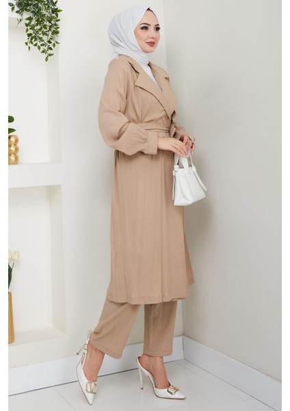 Yazlık Kruvaze Yaka Trençkot Ikili Takım Vizon HM2703 fırsatları