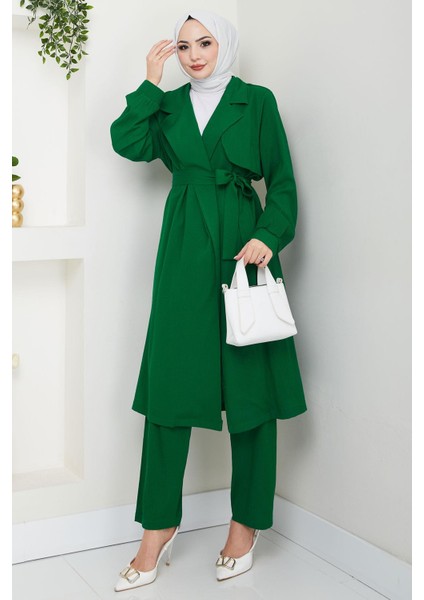 Yazlık Kruvaze Yaka Trençkot Ikili Takım Zümrüt Yeşili HM2703
