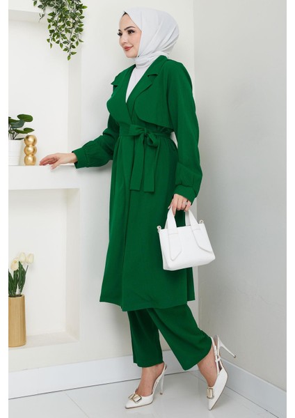 Yazlık Kruvaze Yaka Trençkot Ikili Takım Zümrüt Yeşili HM2703 modelleri