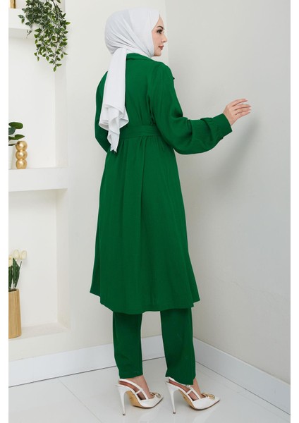 Yazlık Kruvaze Yaka Trençkot Ikili Takım Zümrüt Yeşili HM2703 indirimleri