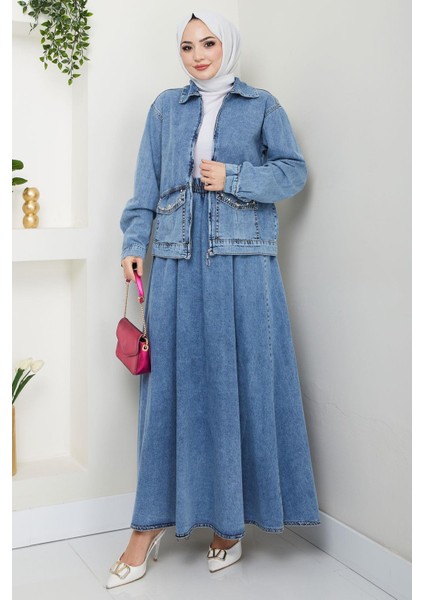 Ceketli Kot Etek Takım Mavi HM2676