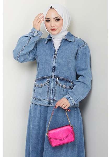 Ceketli Kot Etek Takım Mavi HM2676 modelleri