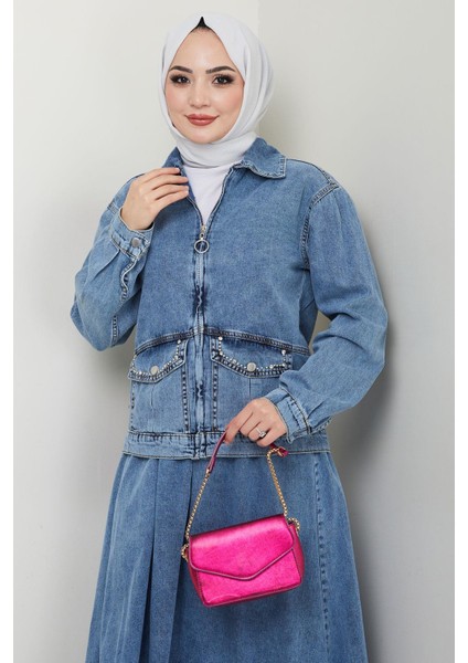 Ceketli Kot Etek Takım Mavi HM2676 fırsatları