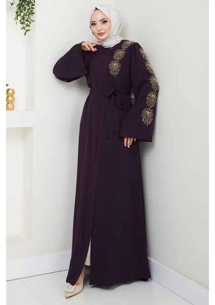 Çiçek Taşlı Kuşaklı Ferace Mürdüm HM2713