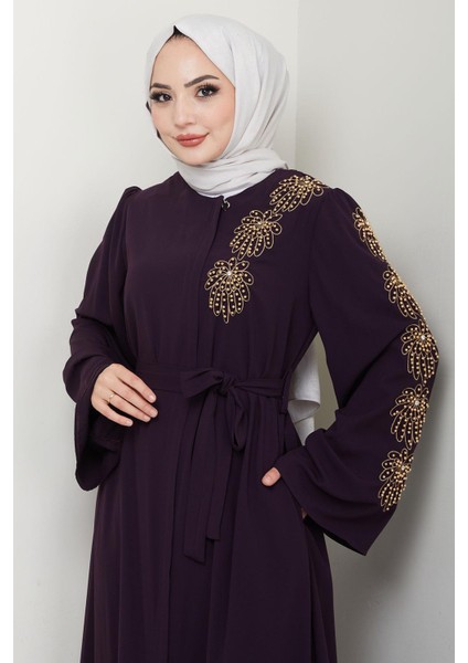 Çiçek Taşlı Kuşaklı Ferace Mürdüm HM2713 fiyatları