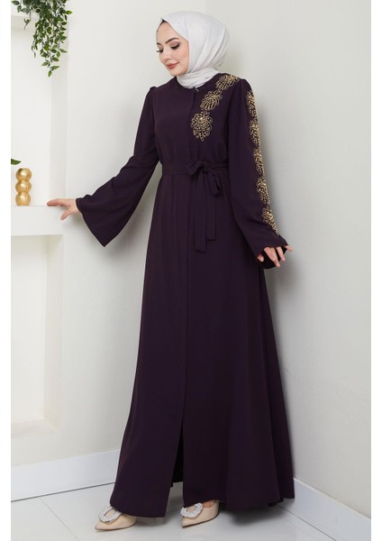 Çiçek Taşlı Kuşaklı Ferace Mürdüm HM2713 modelleri