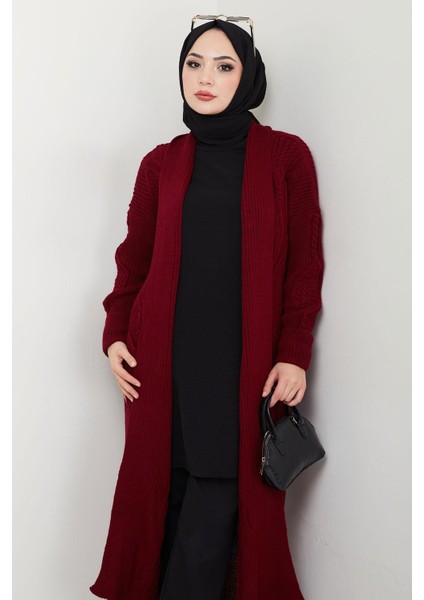 Şal Yaka Cepli Triko Hırka Bordo HM2534 fiyatları