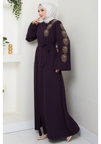 Çiçek Taşlı Kuşaklı Ferace Mürdüm HM2713 fırsatları