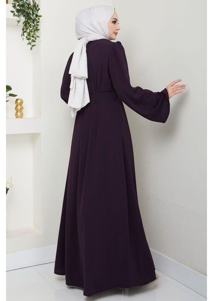 Çiçek Taşlı Kuşaklı Ferace Mürdüm HM2713 indirimleri