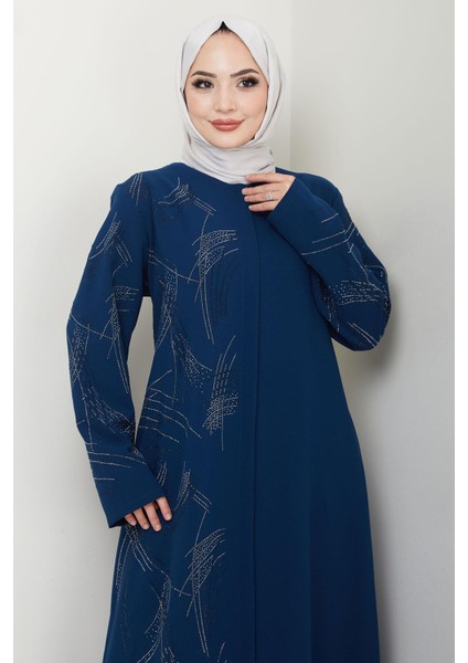 Tek Tarafı ve Kolları Taşlı Büyük Beden Ferace Indigo HM2711