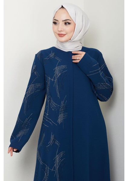 Tek Tarafı ve Kolları Taşlı Büyük Beden Ferace Indigo HM2711