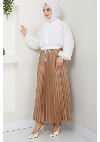 Beli Lastikli Deri Görünümlü Sık Piliseli Etek Camel HM2655 fırsatları