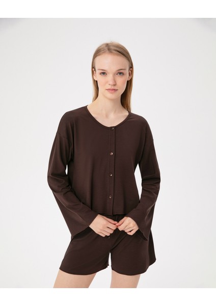 Kahverengi Volanlı Pijama Üstü
