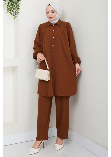 Büzgülü Gömlekli Ikili Takım Kahverengi HM2689