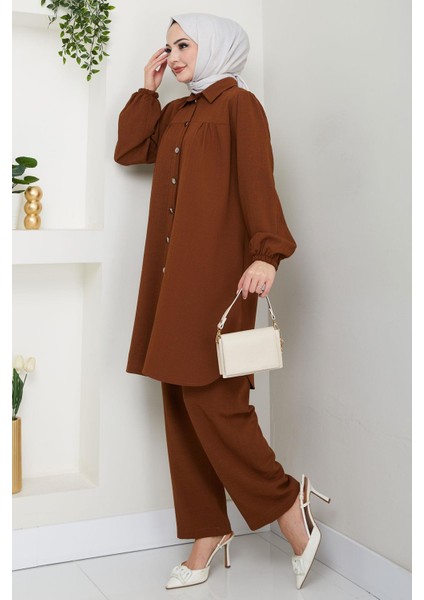 Büzgülü Gömlekli Ikili Takım Kahverengi HM2689 modelleri
