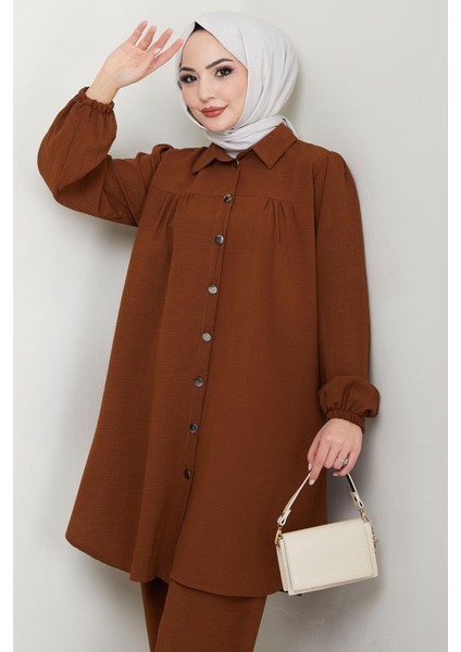 Büzgülü Gömlekli Ikili Takım Kahverengi HM2689 fırsatları