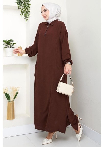 Yarım Fermuarlı Cepli Ayrobin Takım Kahverengi HM2759 modelleri