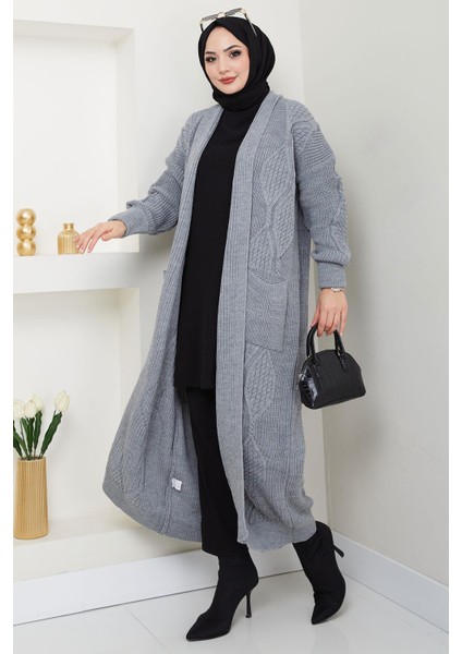 Şal Yaka Cepli Triko Hırka Gri HM2534