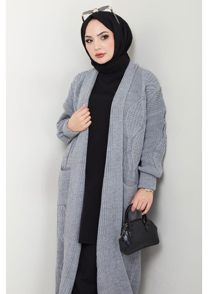 Şal Yaka Cepli Triko Hırka Gri HM2534 modelleri