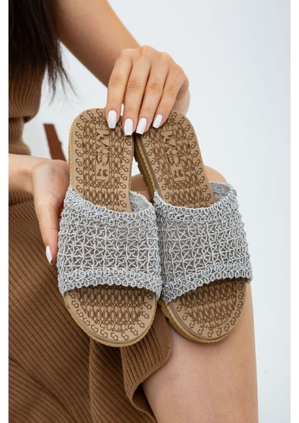 Gri Önü Açık Hasır Örgü Dış Mekan ve Ev Terliği