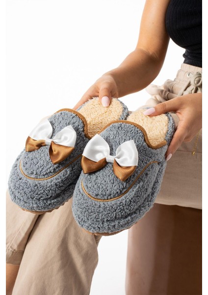 Gri Papyon Kışlık Kadın Terlik