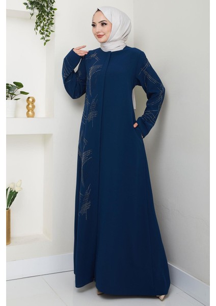 Tek Tarafı ve Kolları Taşlı Büyük Beden Ferace Indigo HM2711 modelleri