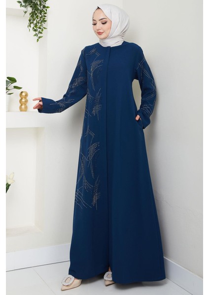 Tek Tarafı ve Kolları Taşlı Büyük Beden Ferace Indigo HM2711 fırsatları