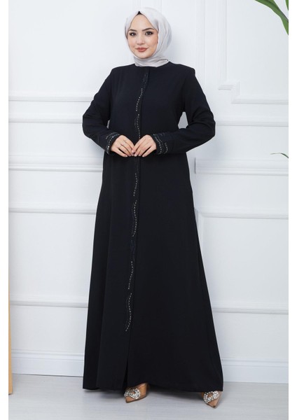 Petek Kumaş Büyük Beden Taşlı Ferace Siyah HM2352